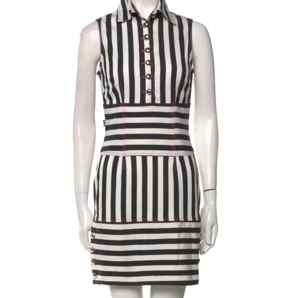 MOSCHINO JEANS BLACK WHITE STRIPED PINK STITCH BUTTON VINTAGE 1990S DRESS USA 8 - Picture 3 of 16